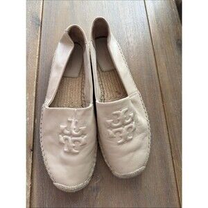 Tory Burch Cream Ines Leather Espadrille Flats Size 9.5 M Double T Logo